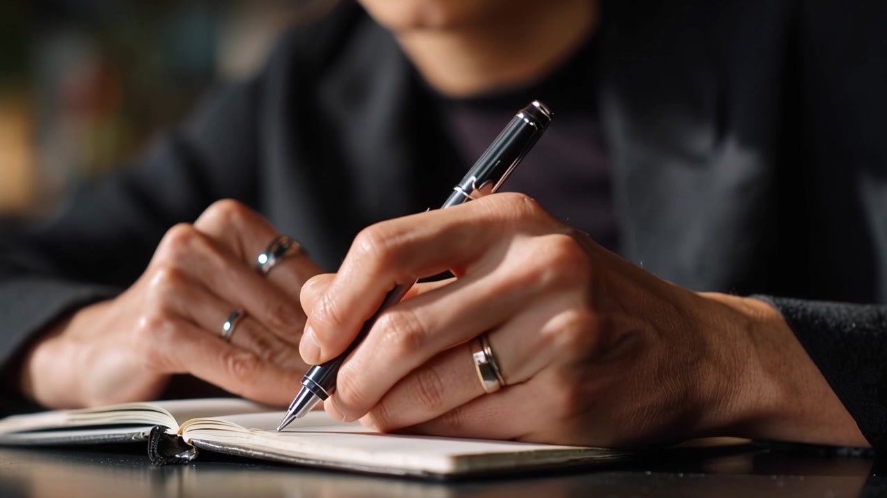 Close-Up of Person's Hands Writing in a Notebook with a Pen