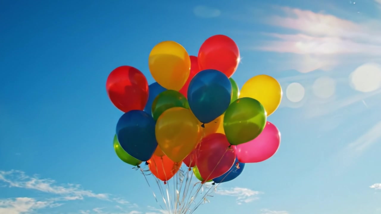 Una vivace esposizione di palloncini contro un cielo azzurro limpido, che cattura l'essenza della gioia, della celebrazione e dei momenti edificanti nelle occasioni speciali della vita.