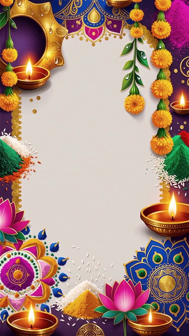 Sfondo Diwali con Diyas luminosi, Rangoli e fiori di loto