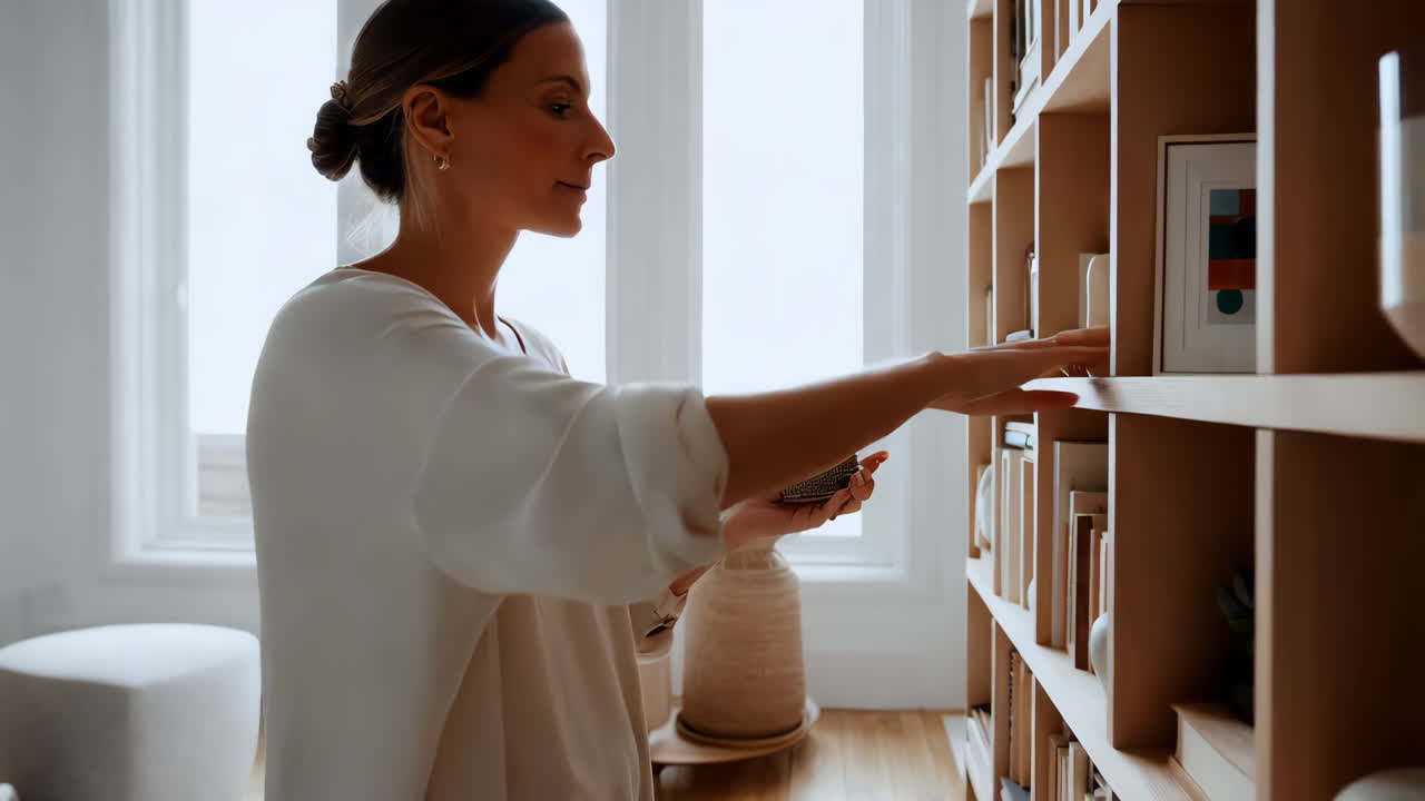 Woman organizing books on a bookshelf