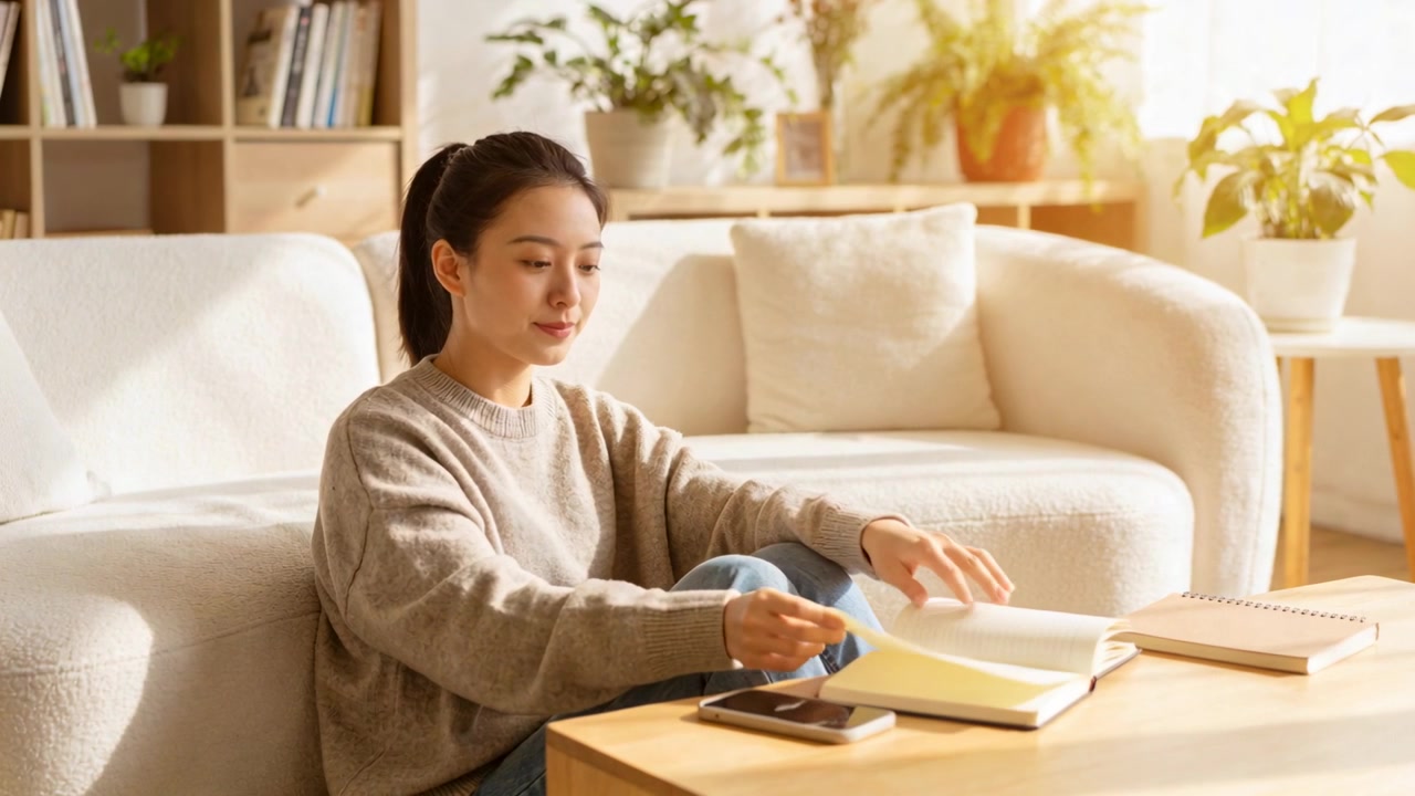 自宅で本を開き、ベージュのセーターとジーンズを着た女性がページをめくりながら読書し、スマートフォンに目をやる