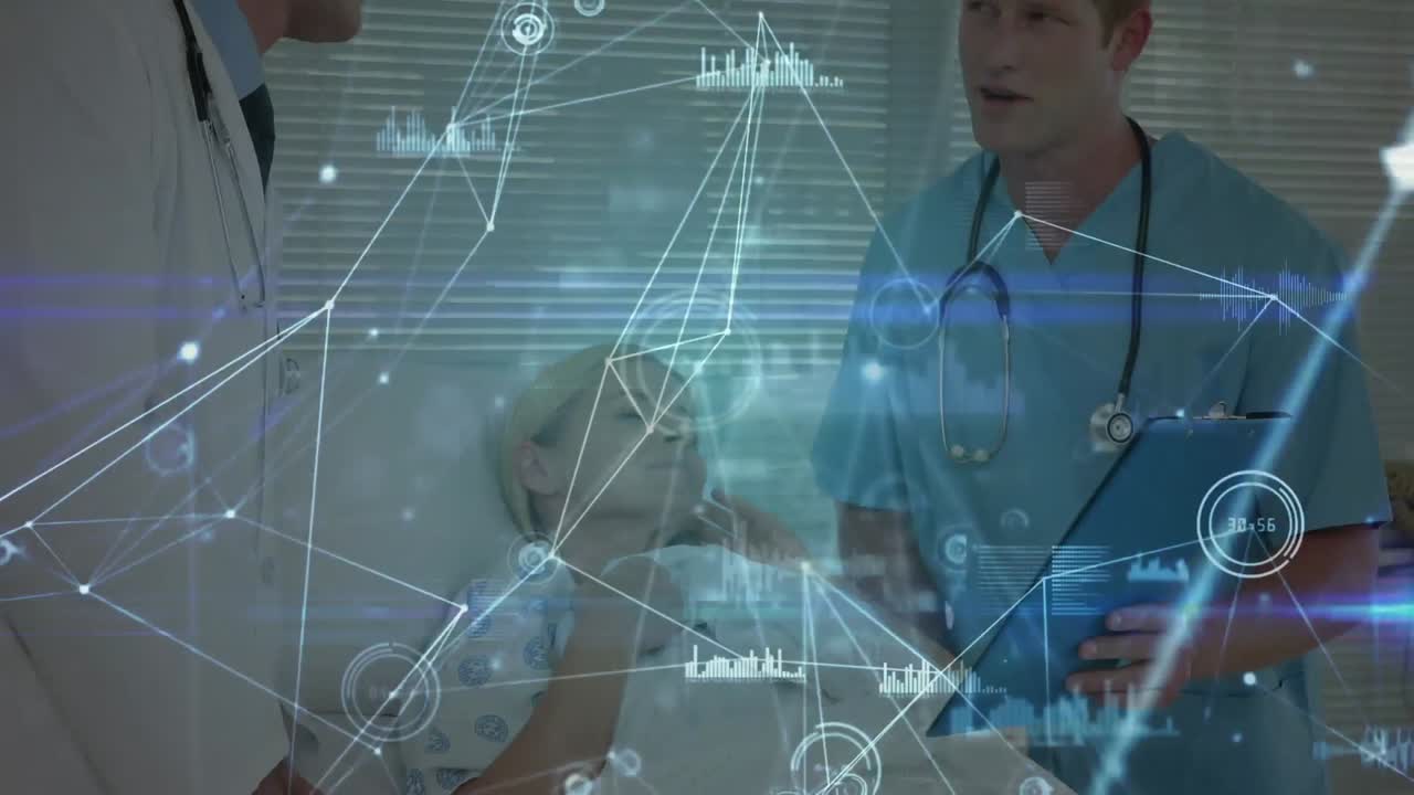 Animation of dots connected with lines and graphs over caucasian doctors discussing patient's report