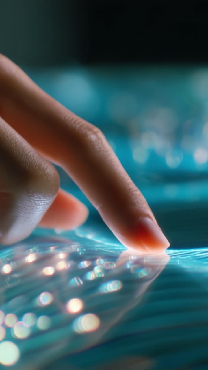 A Human Finger Gently Touches a Fluid Surface, Creating Ripples and Capturing the Sparkling Play of Light in a Mesmerizing Abstract Scene