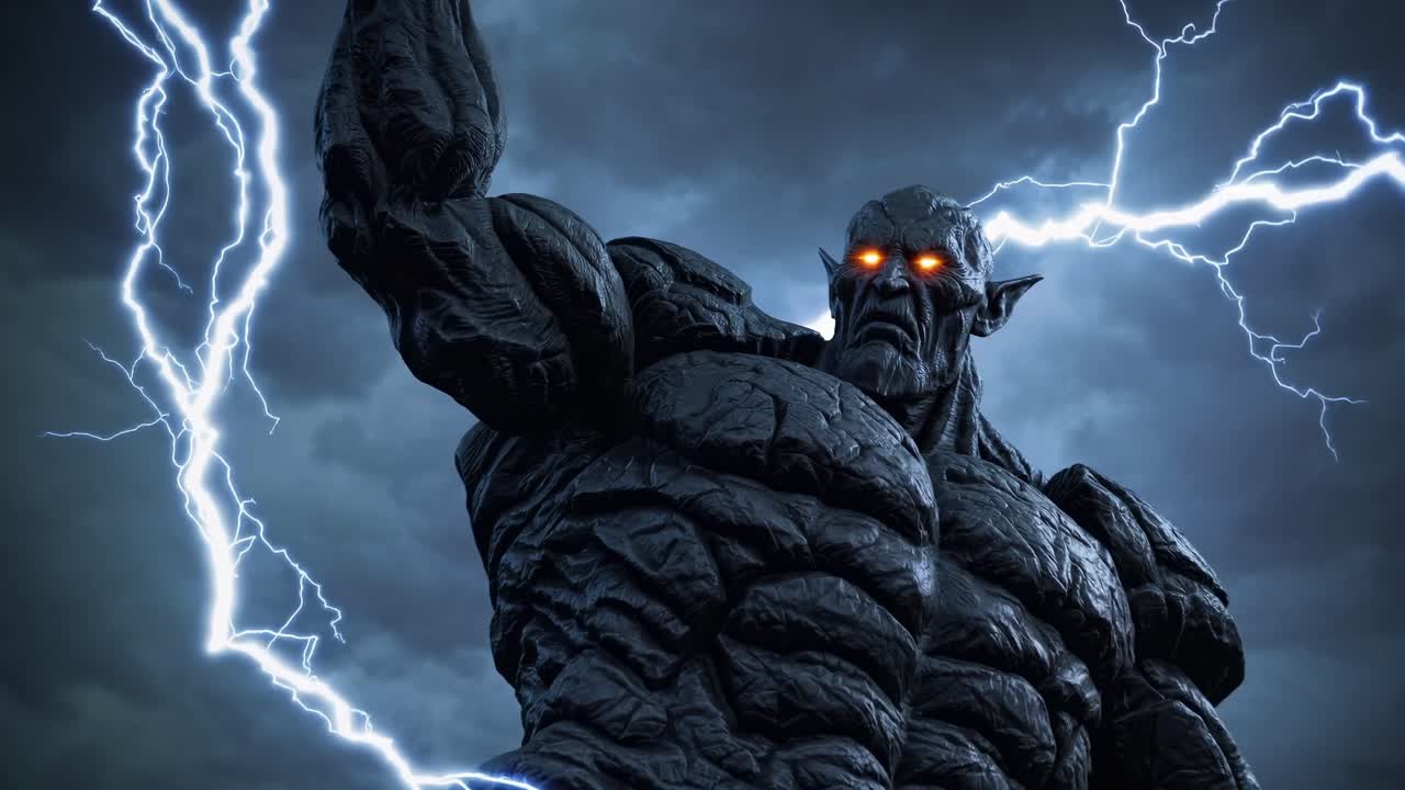 Massive rocky creature towering menacingly, conjuring devastating lightning storm against turbulent dark clouds, generating supernatural apocalyptic atmosphere
