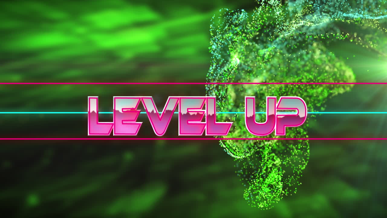 추상적인 배경 위의 동적 파동 위의 레벨 업 텍스트의 애니메이션