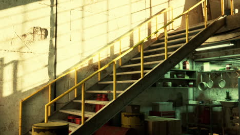 industrial staircase with a yellow handrail