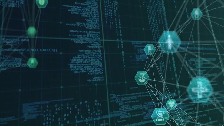 Animation of globe with connections and medical icons with data processing on dark background