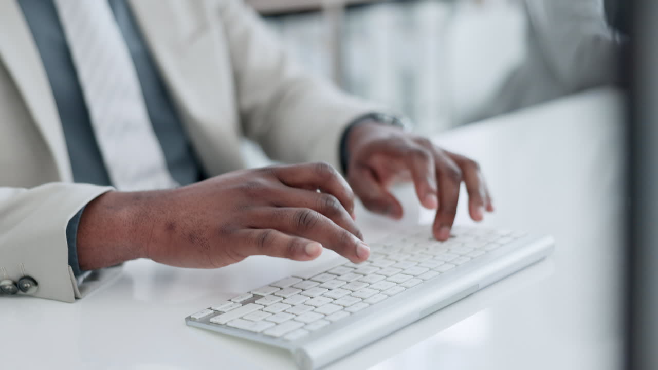 Hands, business man and typing on computer