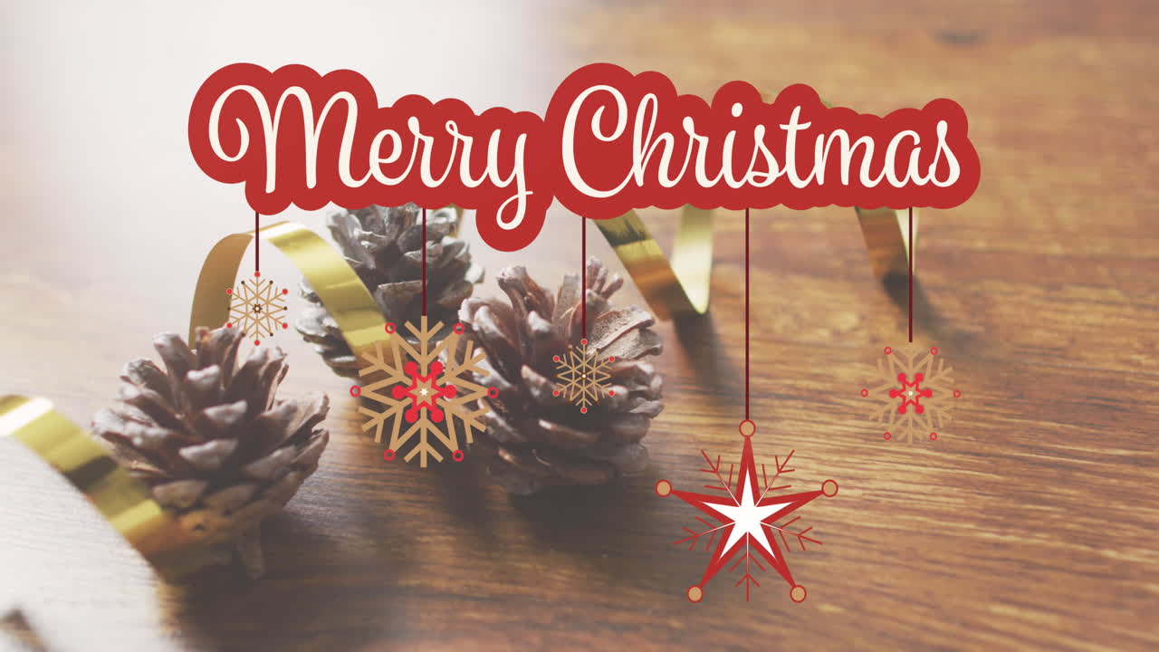 animación del texto de feliz navidad sobre conas de pino