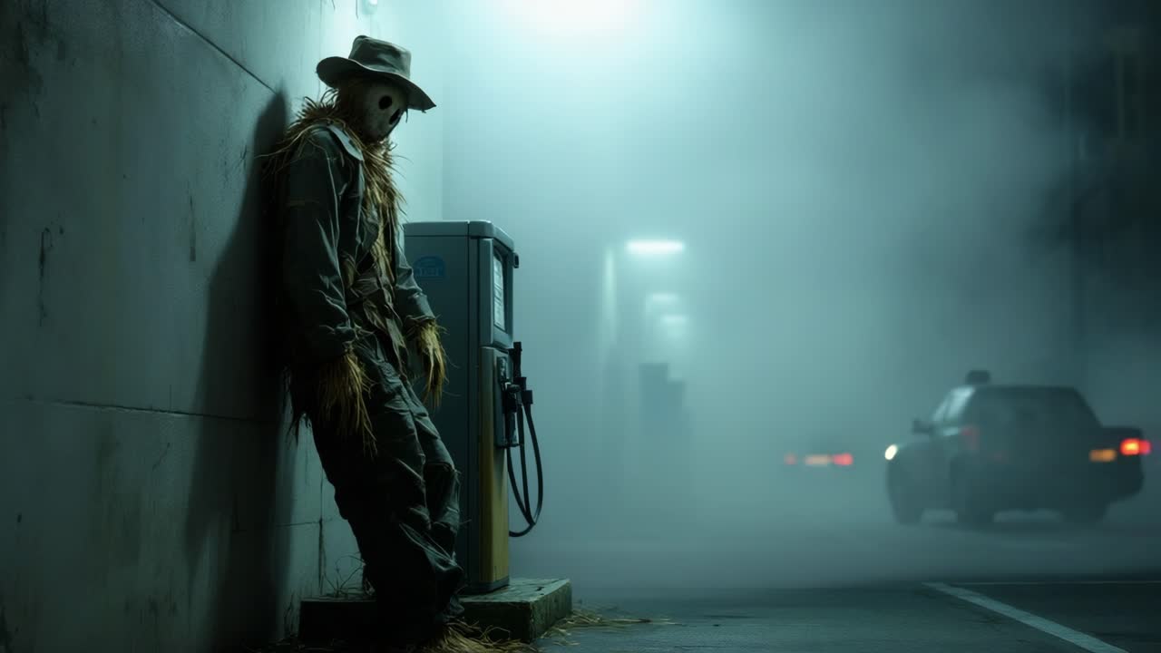 Scarecrow figure stands against wall in foggy atmosphere, capturing eerie nighttime ambiance