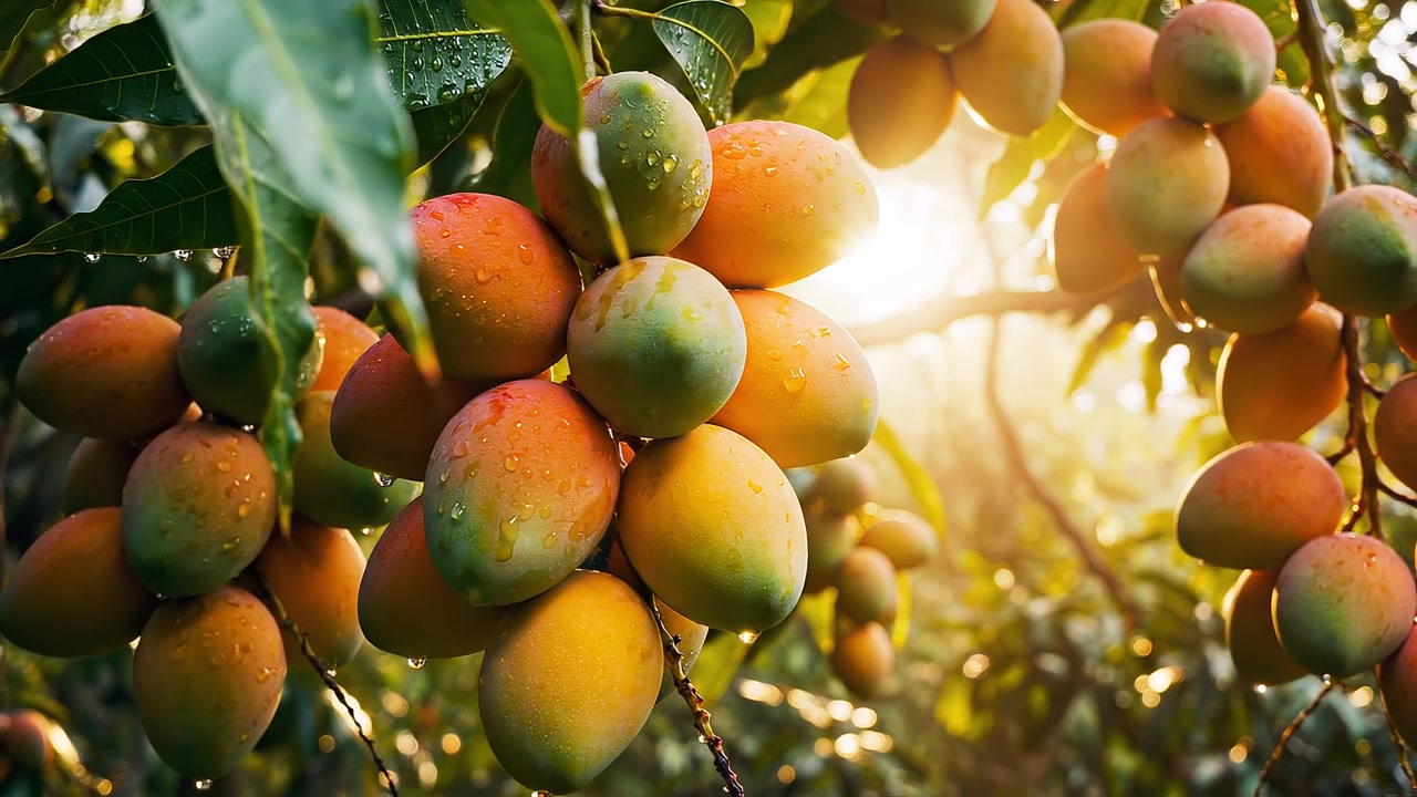 Manghi freschi e maturi appesi a un ramo d'albero con gocce di rugiada