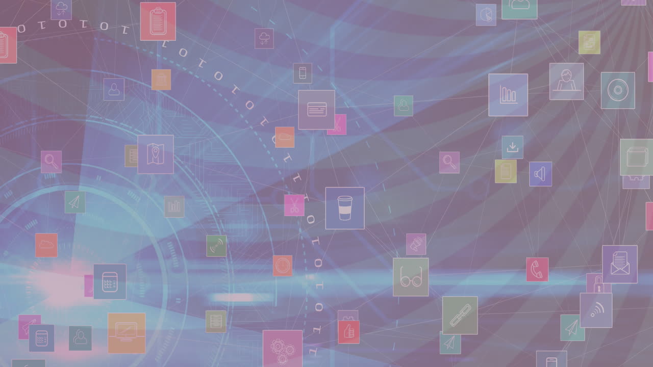 animación de iconos digitales y escaneos sobre franjas giratorias en el fondo