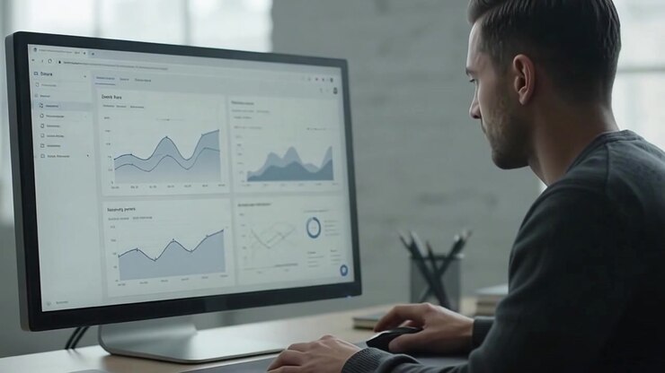 Fokusert fagperson som analyserer finansielle data på en dataskjerm