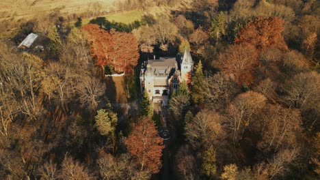 Castel Ghica - Ghica Castle Surrounded By Trees in Dofteana, Romania. - aerial shot