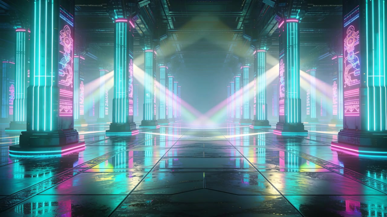 Avvio della sequenza di illuminazione, colonnato illuminato al neon con raggi a V e foschia che si spostano, creando un bagliore sul pavimento.