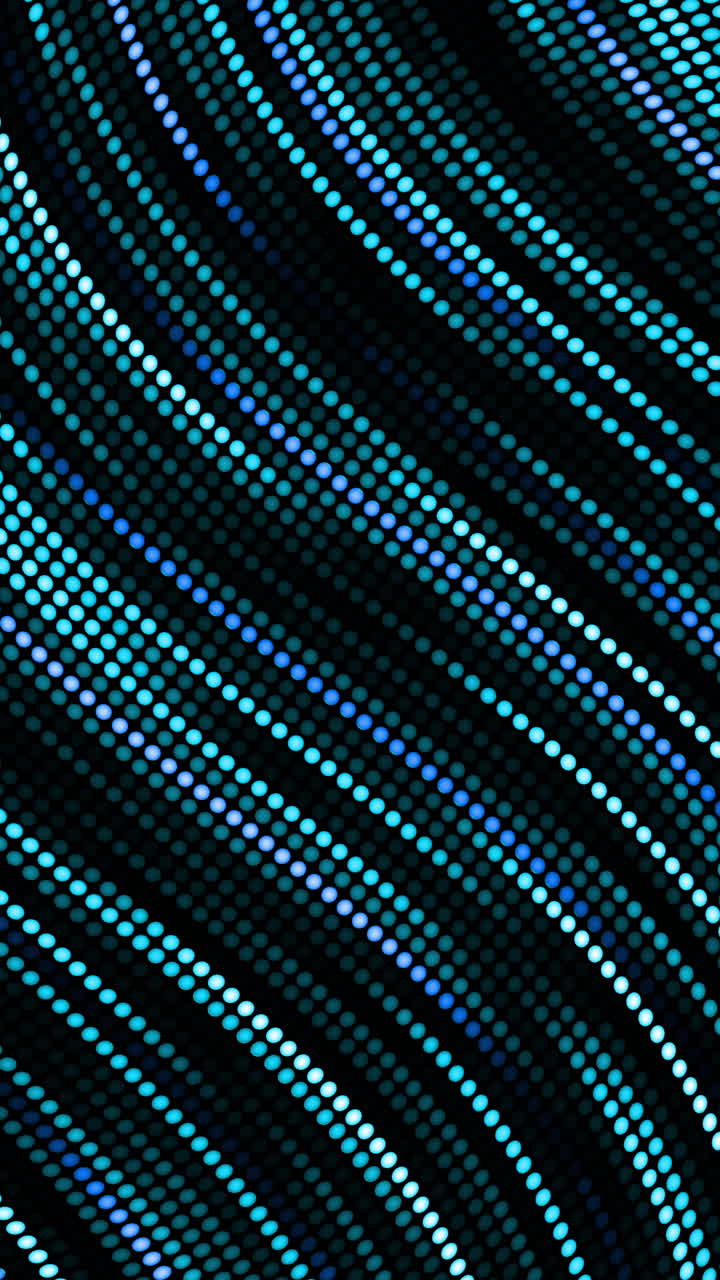 Motion blue lines with glowing dots. Wavy pattern. Digital technical background from round pixels. Looped animation. Vertical video.