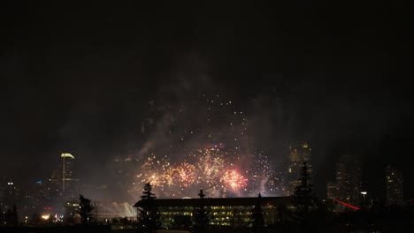 Fireworks-display-finale-before-Calgary-city-skyline-on-dark-night