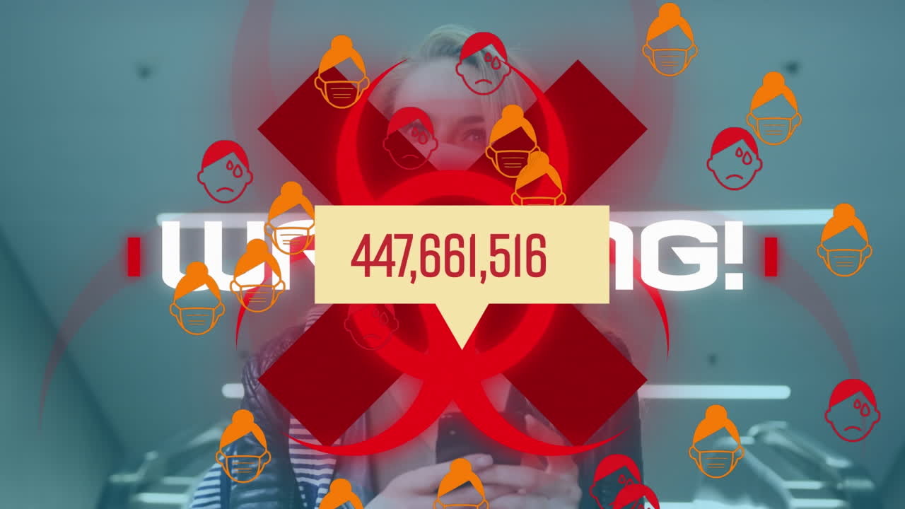 바이오 위험 상징과 얼굴 마스크를 입은 여성에 대한 코로나 19 데이터 처리 애니메이션