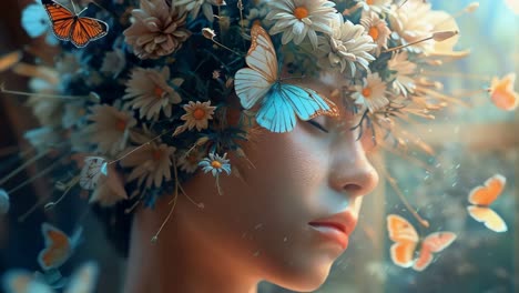 a woman with a flower and butterflies on her head, world mental health day concept
