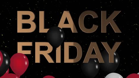 anuncio de viernes negro con letrero dorado y globos negros y rojos, fondo animación 4k bucle sin costuras