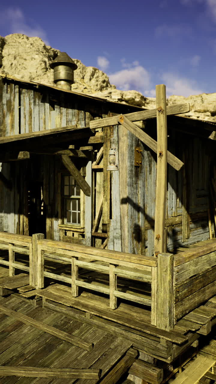 Rustic wooden structure set against rocky terrain at golden hour