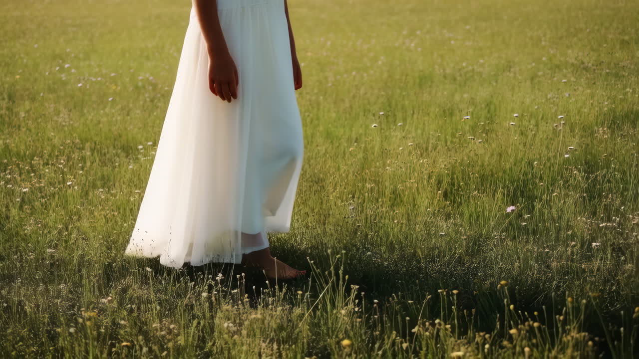 женщина в белом платье идет по полю.