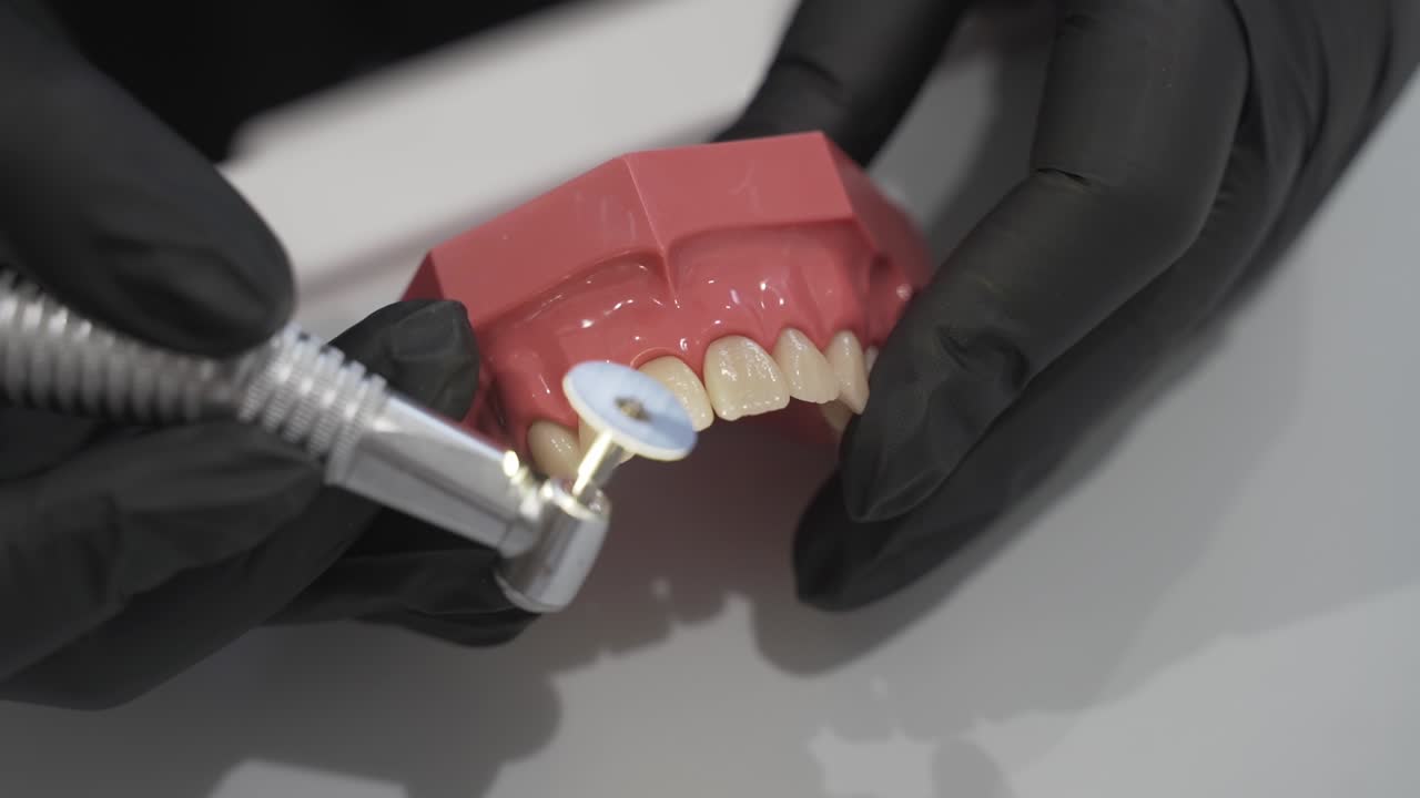 Close-up of a dental model being worked on with precision tool by gloved hands