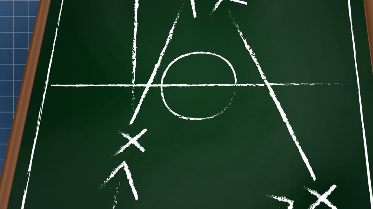 검은색 배경의 그리드 패턴 위의 스포츠 코트에서 색 화살표와 기호의 애니메이션