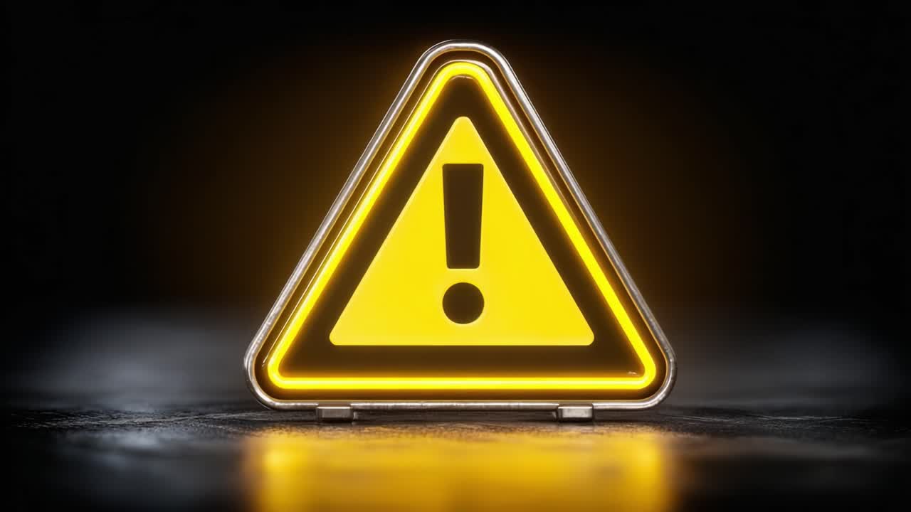 A Bright Illuminated Warning Sign: A Glowing Yellow Triangle with an Exclamation Mark Symbolizing Caution and Alertness in a Dark Environment