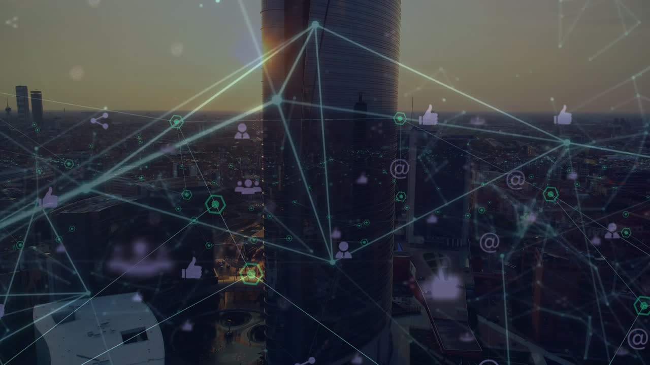 animación de la red de conexiones con iconos sobre el paisaje urbano