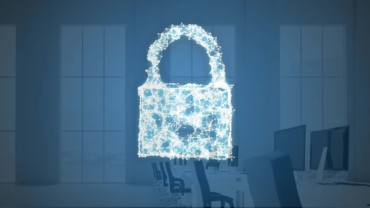 Animation of digital padlock over computers in office