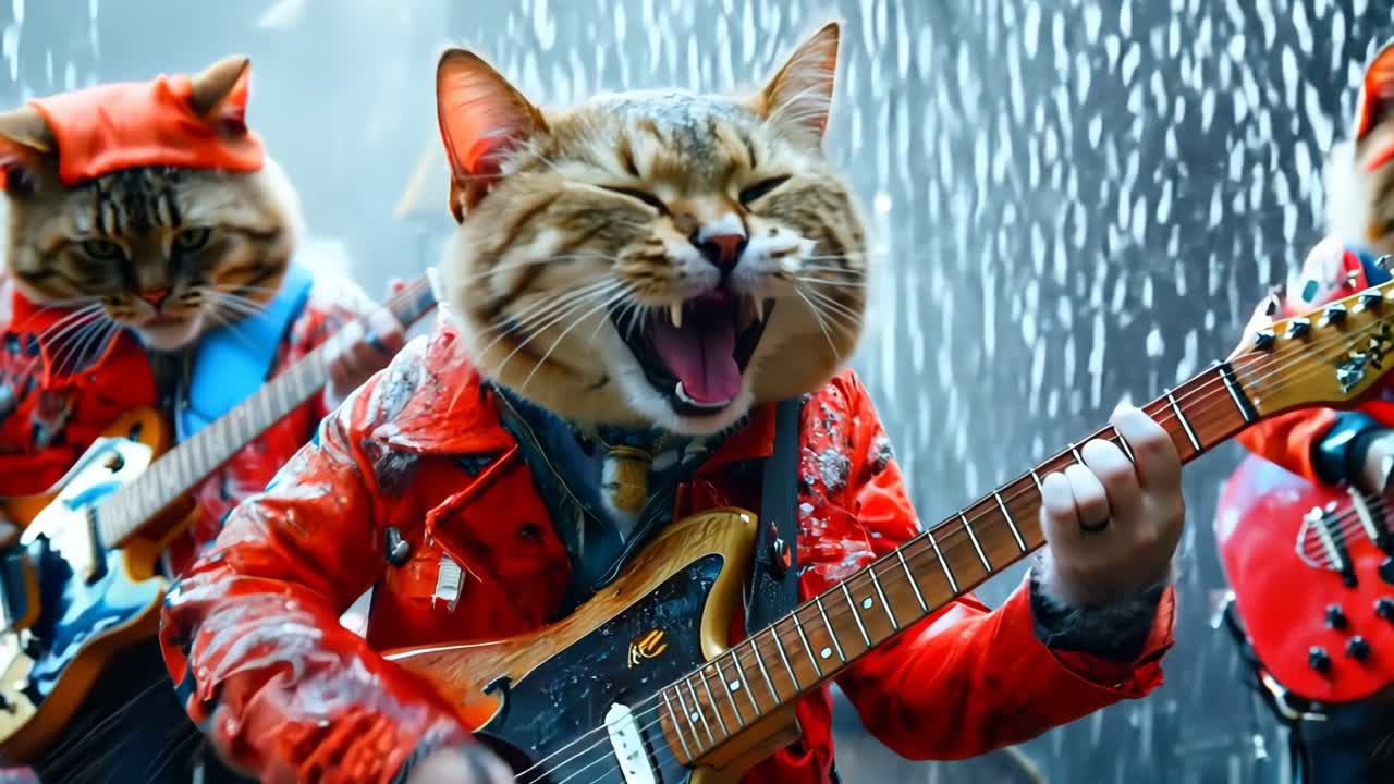 un grupo de gatos tocando guitarras en la lluvia