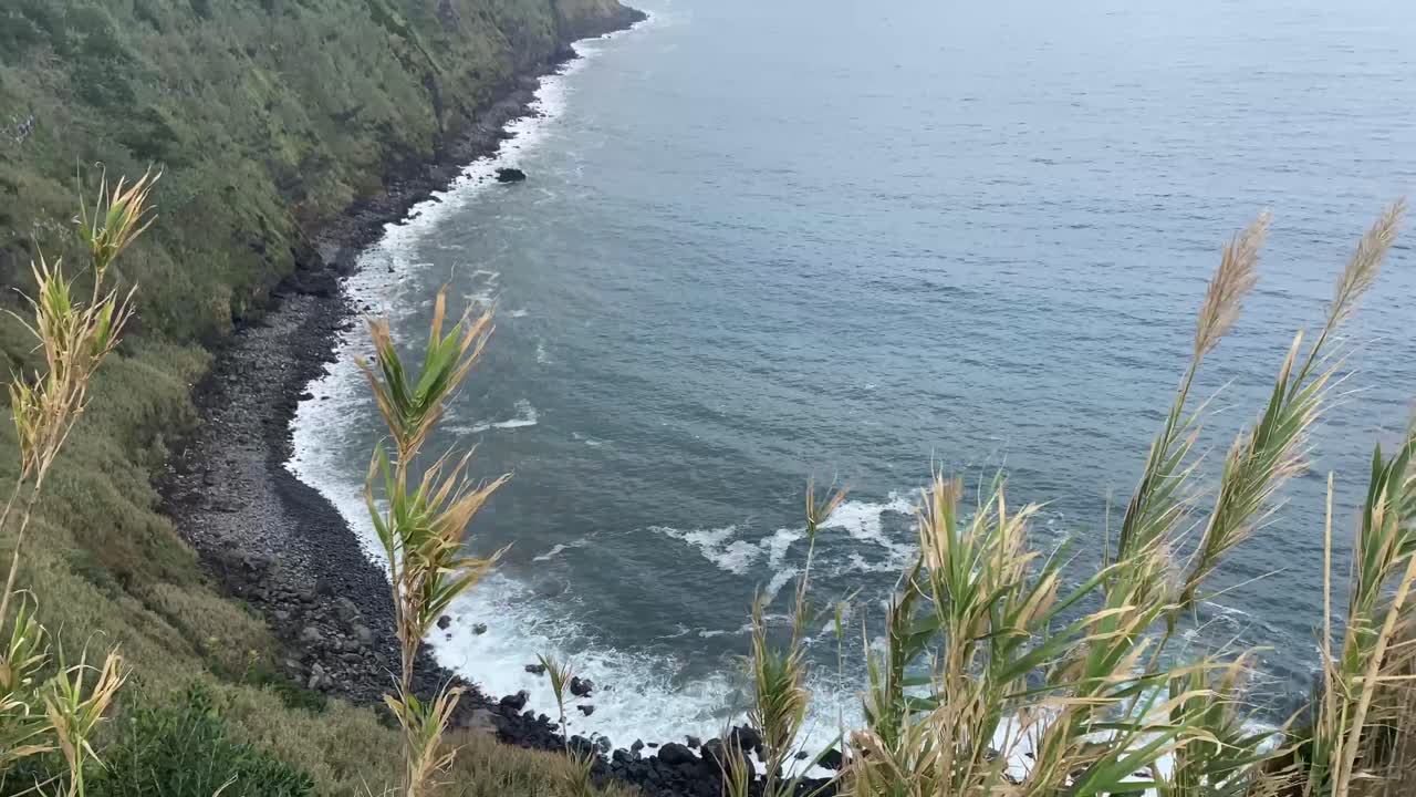 vista del paisaje del océano desde la cima de la colina verde