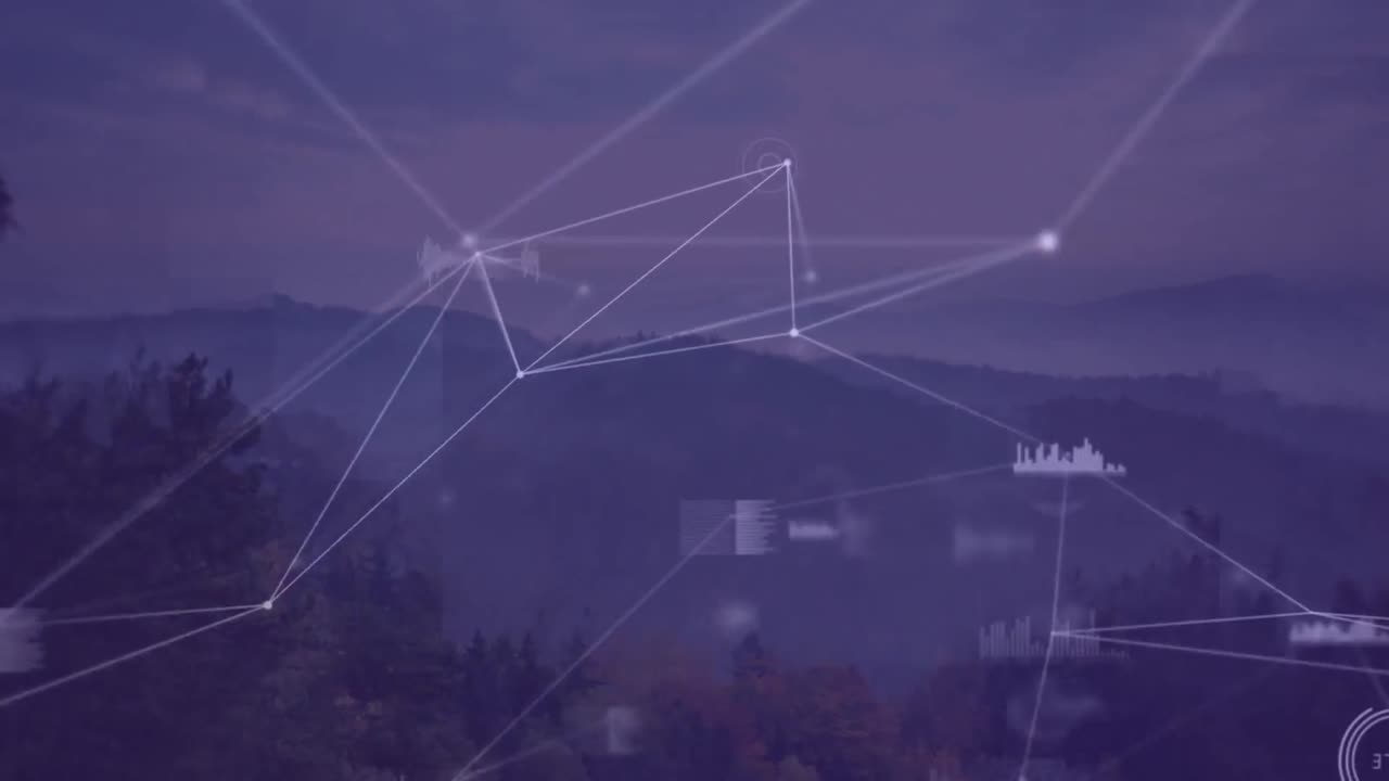 Animation of network of connections and data processing over mountains