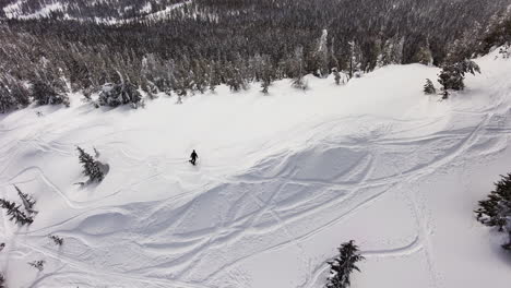 aerial drone recording single backcountry snowboarder in fresh powder