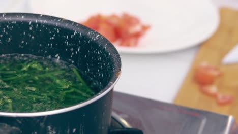 Focus-on-a-pot-of-edible-fiddlehead-ferns-or-Diplazium-esculentum-blanching-in-boiling-water-to-make-pako-salad,-local-Filipino-delicacy-showing-the-authentic-daily-home-life-and-heritage