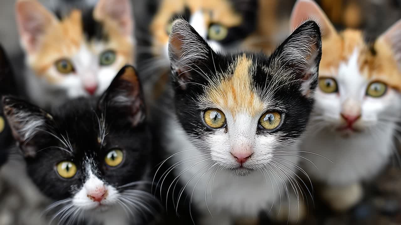 Un gruppo di adorabili gattini dal pelo caratteristico, pieni di curiosità, catturati in due incantevoli scatti, che mostrano la loro natura giocosa e le loro personalità uniche.