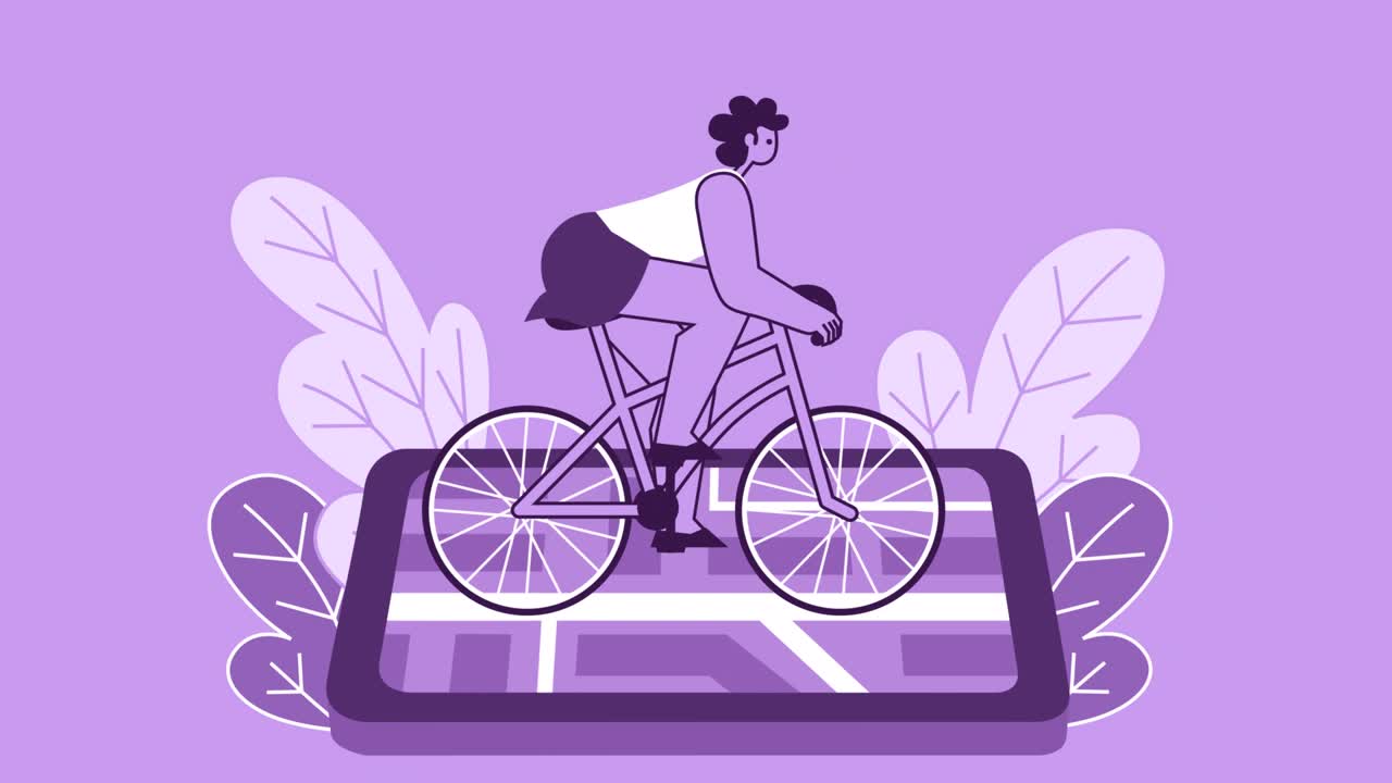 보라색 스타일 여성 평평한 캐릭터 스마트폰으로 자전거를 타는 속도. 알파 채널과 함께 고립된 루프 애니메이션