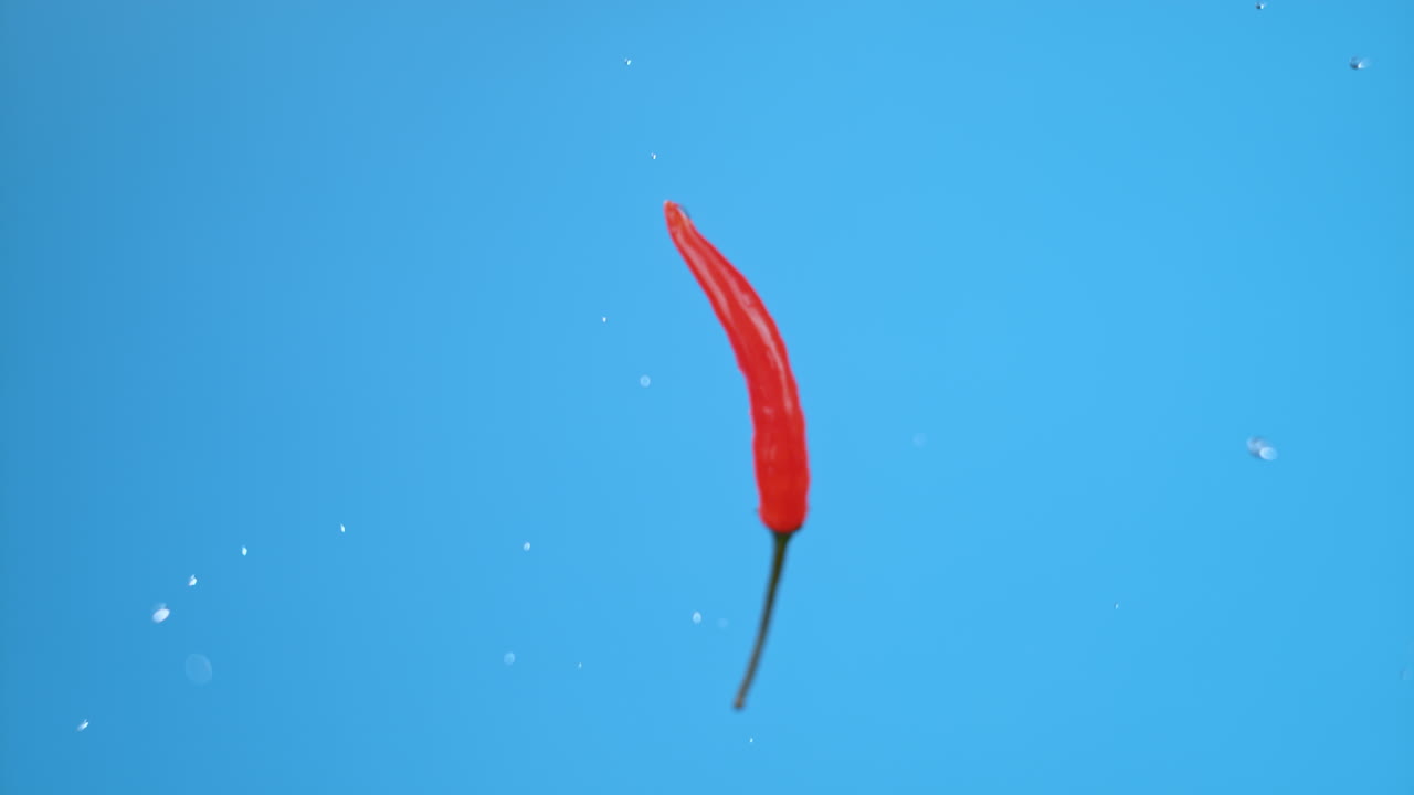 Single small red chili pepper thrown from a launcher and flying in air, tip staying in focus. High quality cinematic studio commercial super slow motion 1000fps fresh pepper moving up and down.