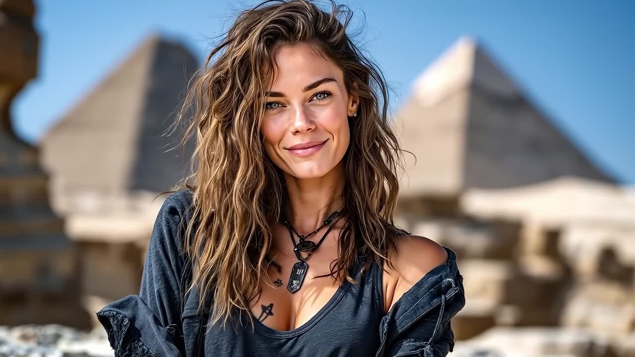 una donna in piedi davanti a una piramide