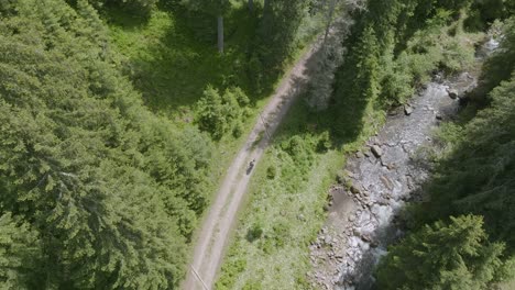 Toma-Aérea-De-Un-Ciclista-De-Montaña-Montando-A-Campo-Traviesa-Bajo-Una-Increíble-Luz-Solar