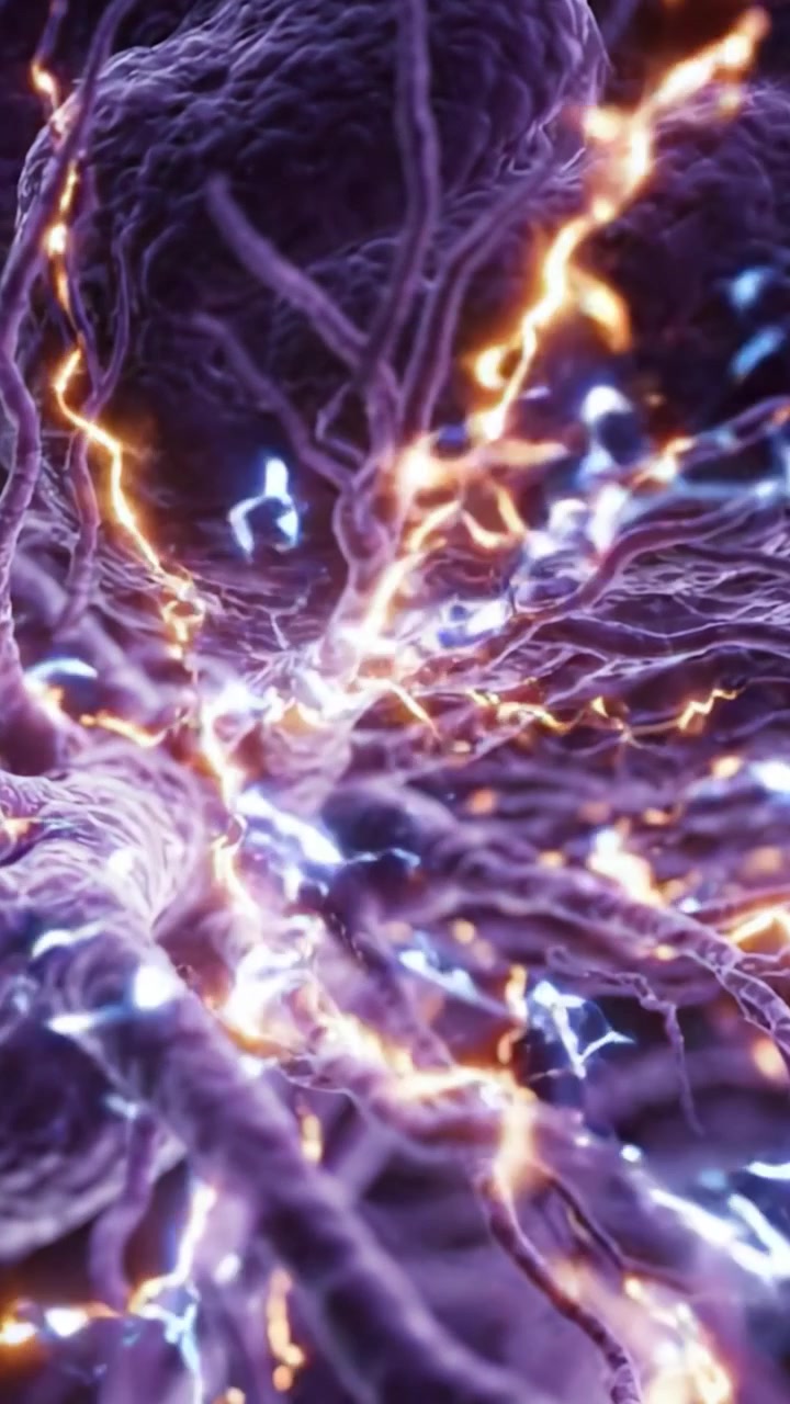 Exploring the Intricate Structure of Neurons: A Close-Up View of Neural Activity with Vibrant Purple and Glowing Highlights Representing Electrical Signals