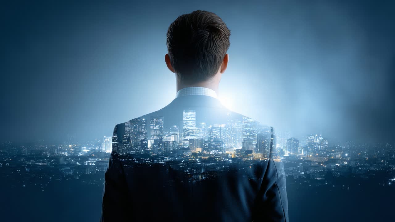 A Reflective Figure Overlooking a Futuristic Cityscape: A Visualization of Ambition and Potential Illuminated Against an Urban Night Skyline
