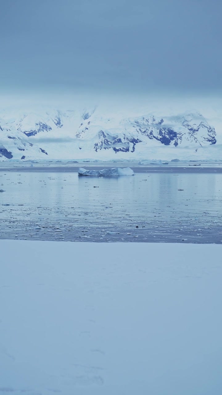Antarctica Blue Icebergs and Mountains, Iceberg Floating on Ocean Sea Water in Vertical Video for Social Media, Instagram Reels and Tiktok, Antarctic Peninsula Winter Ice Seascape Landscape Scenery
