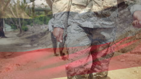 animation of flag of russia over diverse male soldiers walking