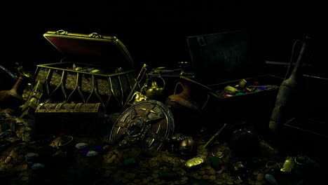 treasure trove filled with ancient artifacts and gold coins in dim light