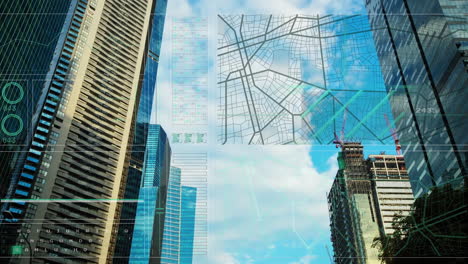 animación de la interfaz con procesamiento de datos sobre vista de ángulo bajo de edificios altos contra el cielo azul.