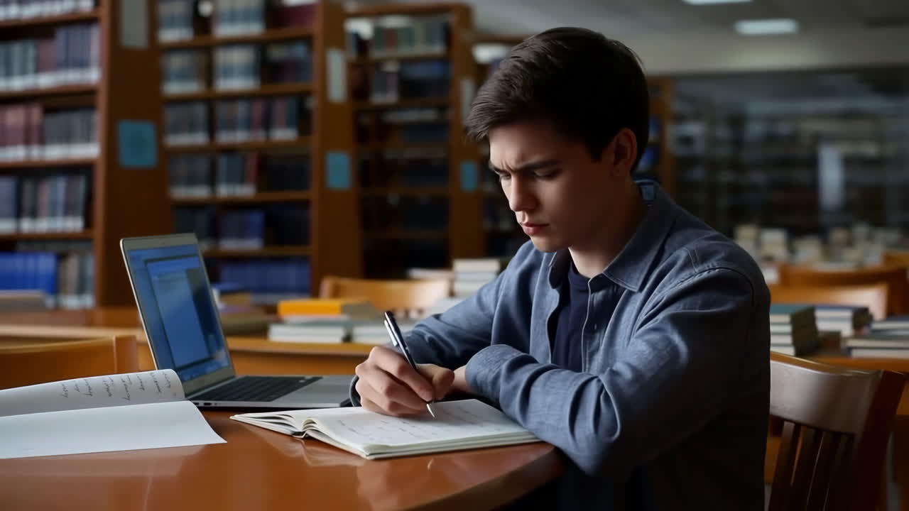 Young man studying in a library with laptop and books