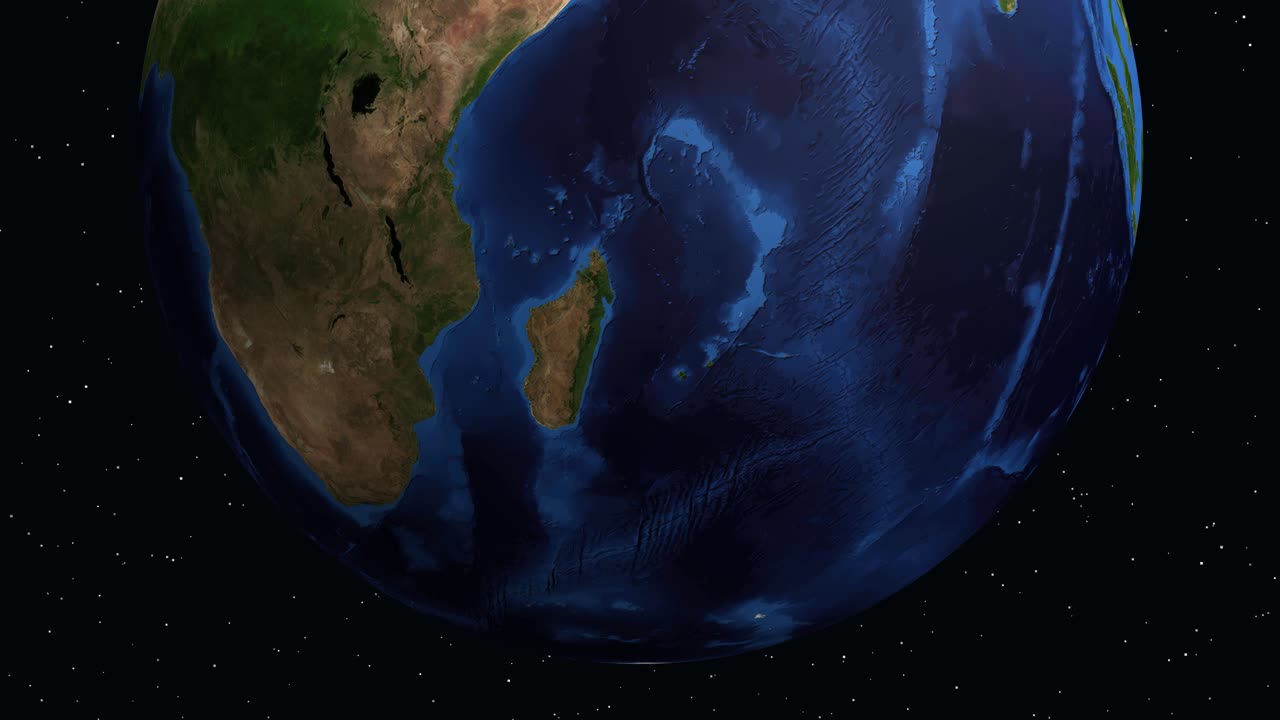 A rotating Earth globe zooms into Pretoria South Africa with an informative data overlay