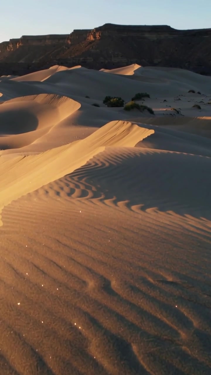 Video verticale: La telecamera si allontana mostrando dune ondulate, rivelando una lontana mesa e granelli scintillanti.
